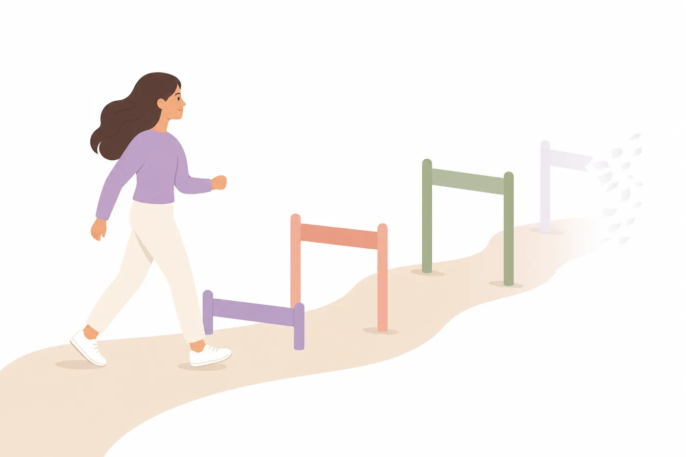 道に並んだ高さの違うハードルのうち、1つが消えかけているなかを女性が歩いているイラスト