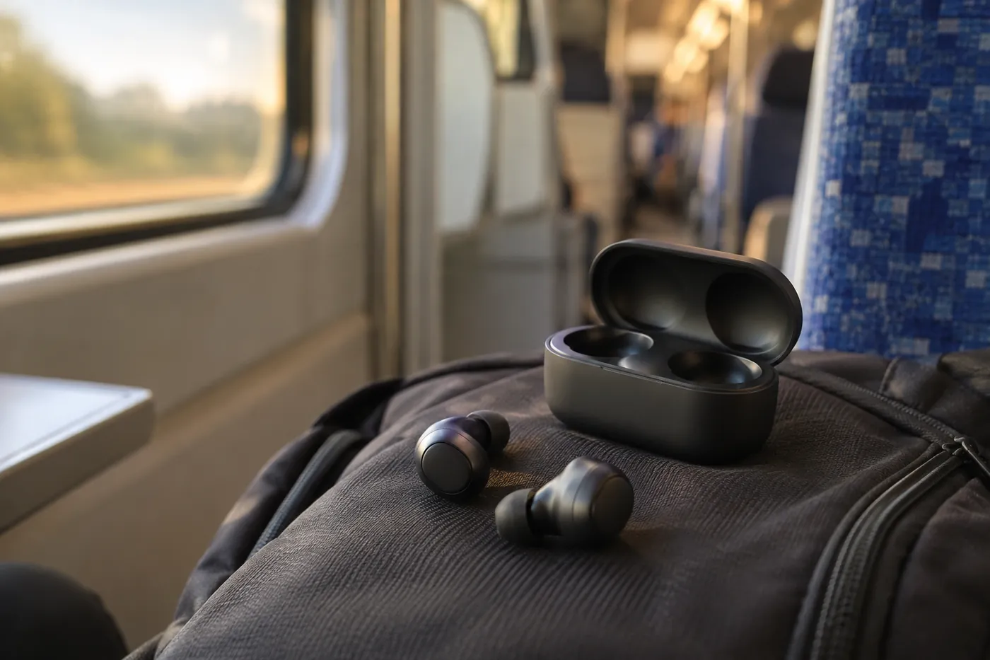 電車の座席に置いたリュックの上に、黒いワイヤレスイヤホンと開いた充電ケースが置かれたイメージ