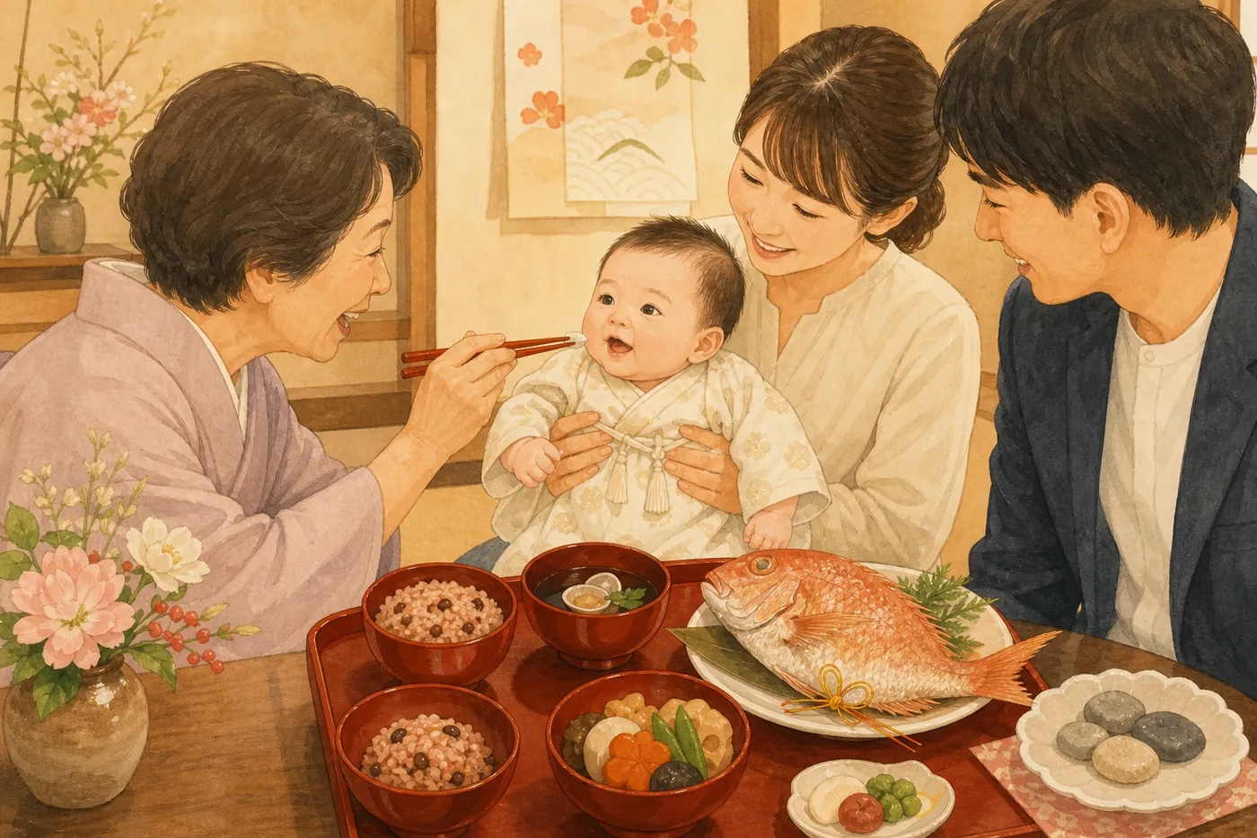 祖母が赤ちゃんに箸で食べさせるまねをし、鯛や赤飯のお祝い膳を家族で囲むお食い初めのイメージ