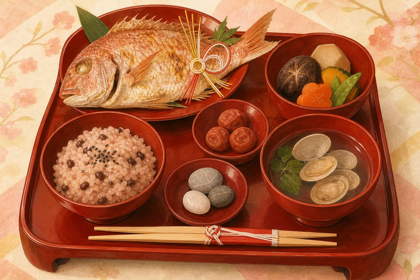 朱塗りのお膳に、尾頭付きの鯛、赤飯、蛤のお吸い物、煮物、梅干し、祝い箸、歯固めの小石を並べた様子