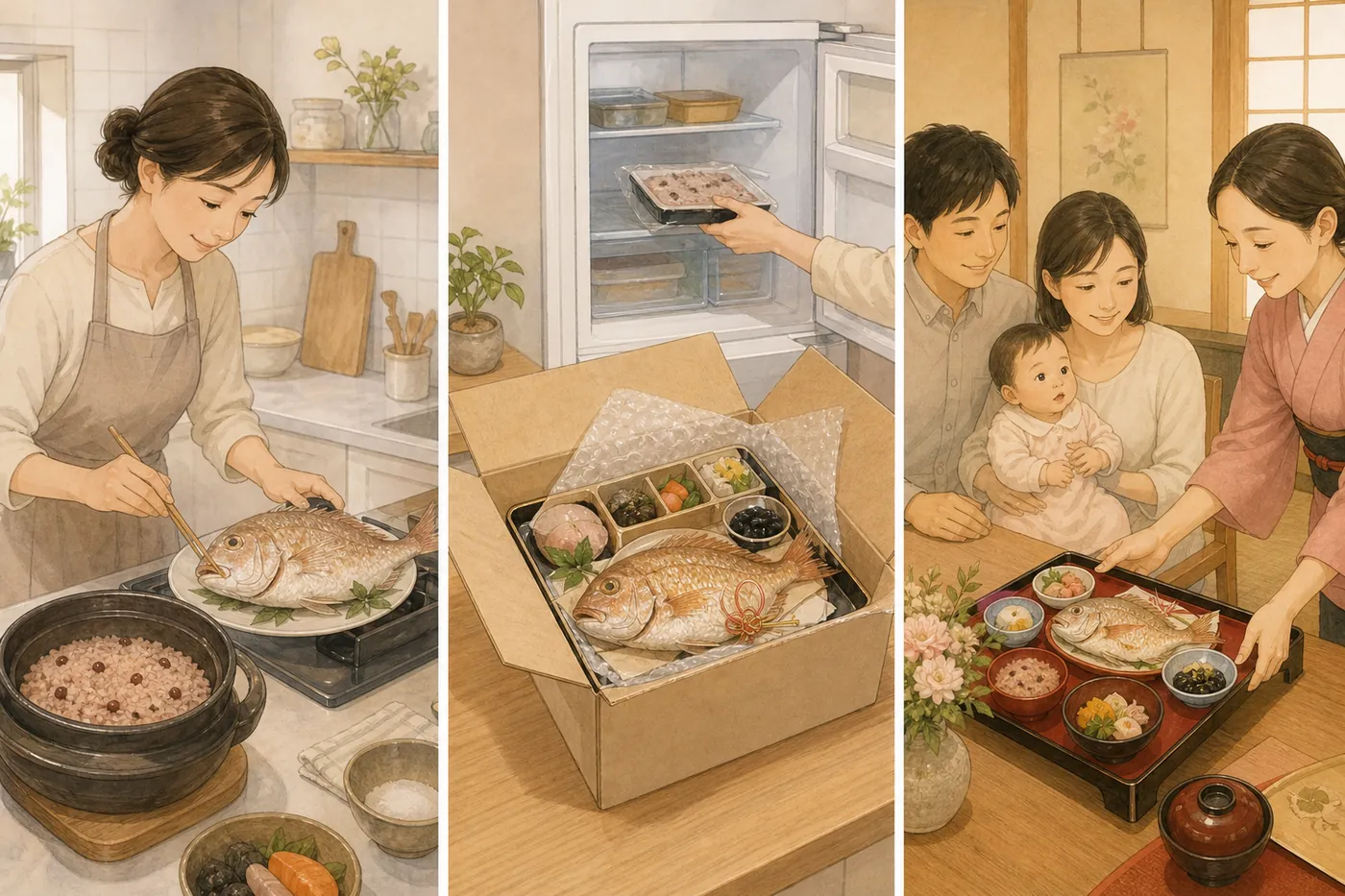 左は台所で鯛を焼いて赤飯を用意する人、中央は冷凍で届いたお食い初めセットを冷蔵庫で解凍する様子、右は料亭の個室で家族がお祝い膳を囲む様子