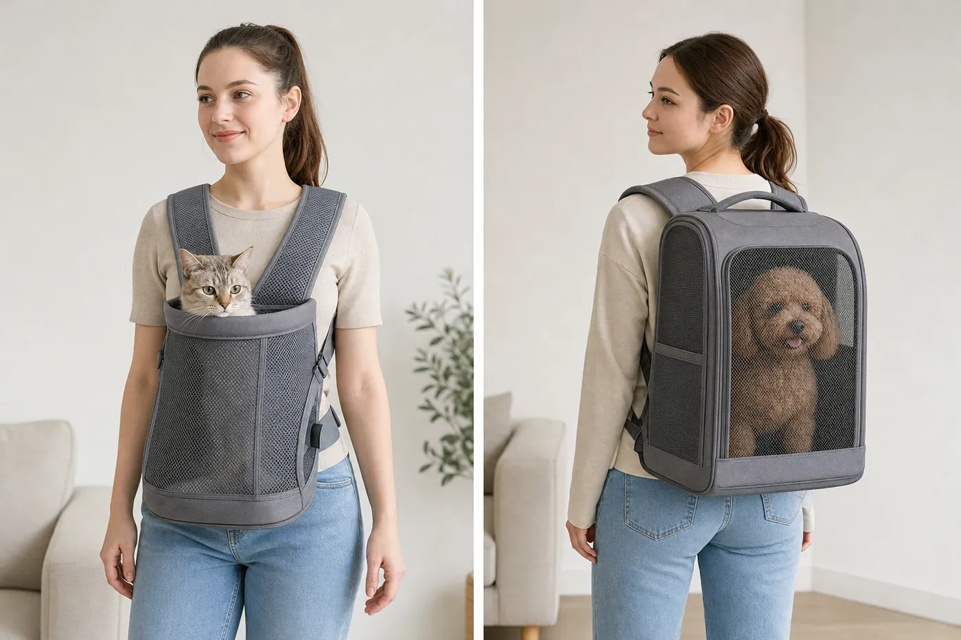 左は胸元のメッシュの抱っこ紐に猫を入れた女性、右は箱型のリュックにトイ・プードルを入れて背負う女性の写真風のイメージ
