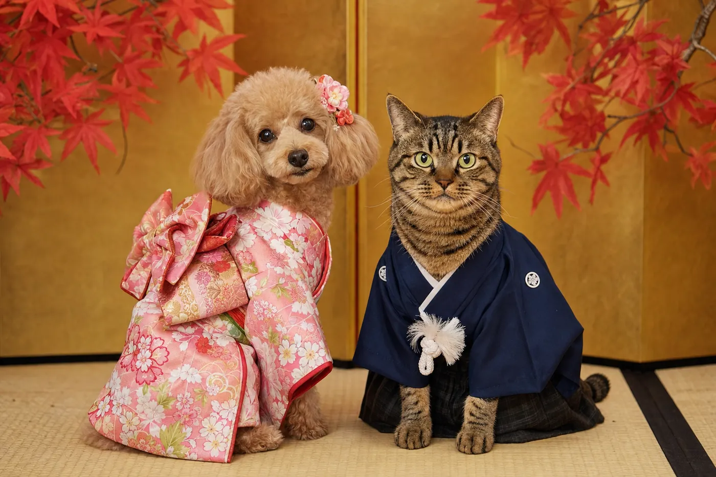 金屏風の前で、ピンクの振袖を着たトイ・プードルと紺の袴を着た猫が並んで座っている写真風のイメージ