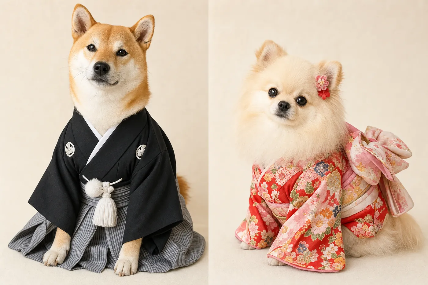 左は黒い紋付きの着物と縞の袴を着た柴犬、右は赤とピンクの花柄の振袖に大きな帯を付けたポメラニアンの写真風のイメージ