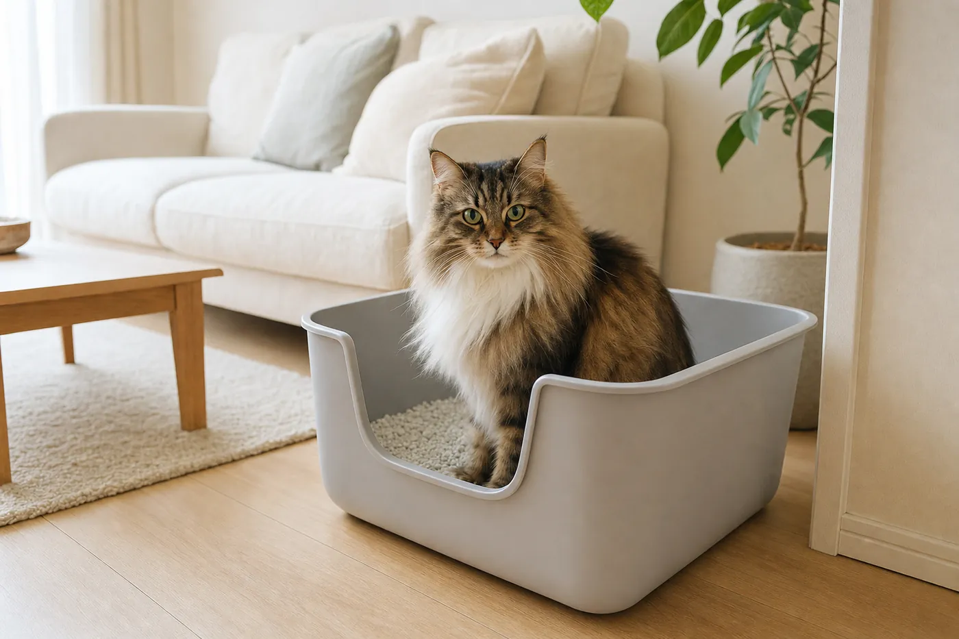 リビングに置いたフタのない大きな猫トイレの中に、長毛の大きな猫が座っている写真風のイメージ