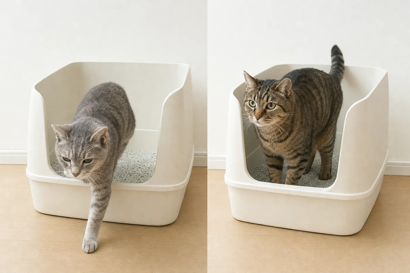 左は低い入口をまたいで出てくるシニアの猫、右は高い壁の中に体が収まって立つ猫の写真風のイメージ