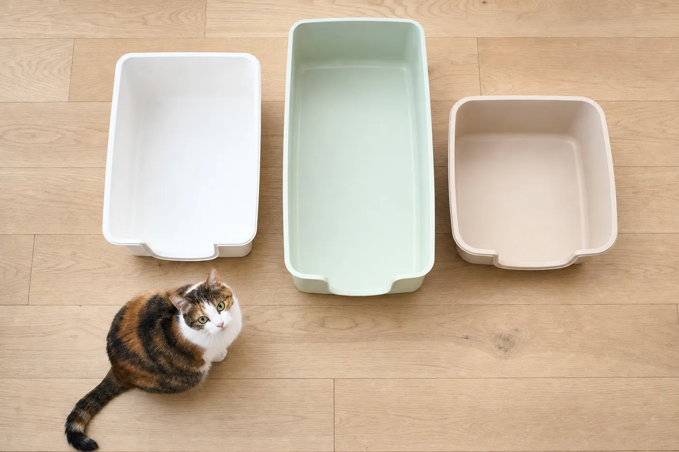 上から撮った、長方形・細長い長方形・正方形に近い3つのフタのない猫トイレと、そばに座る三毛猫の写真風のイメージ