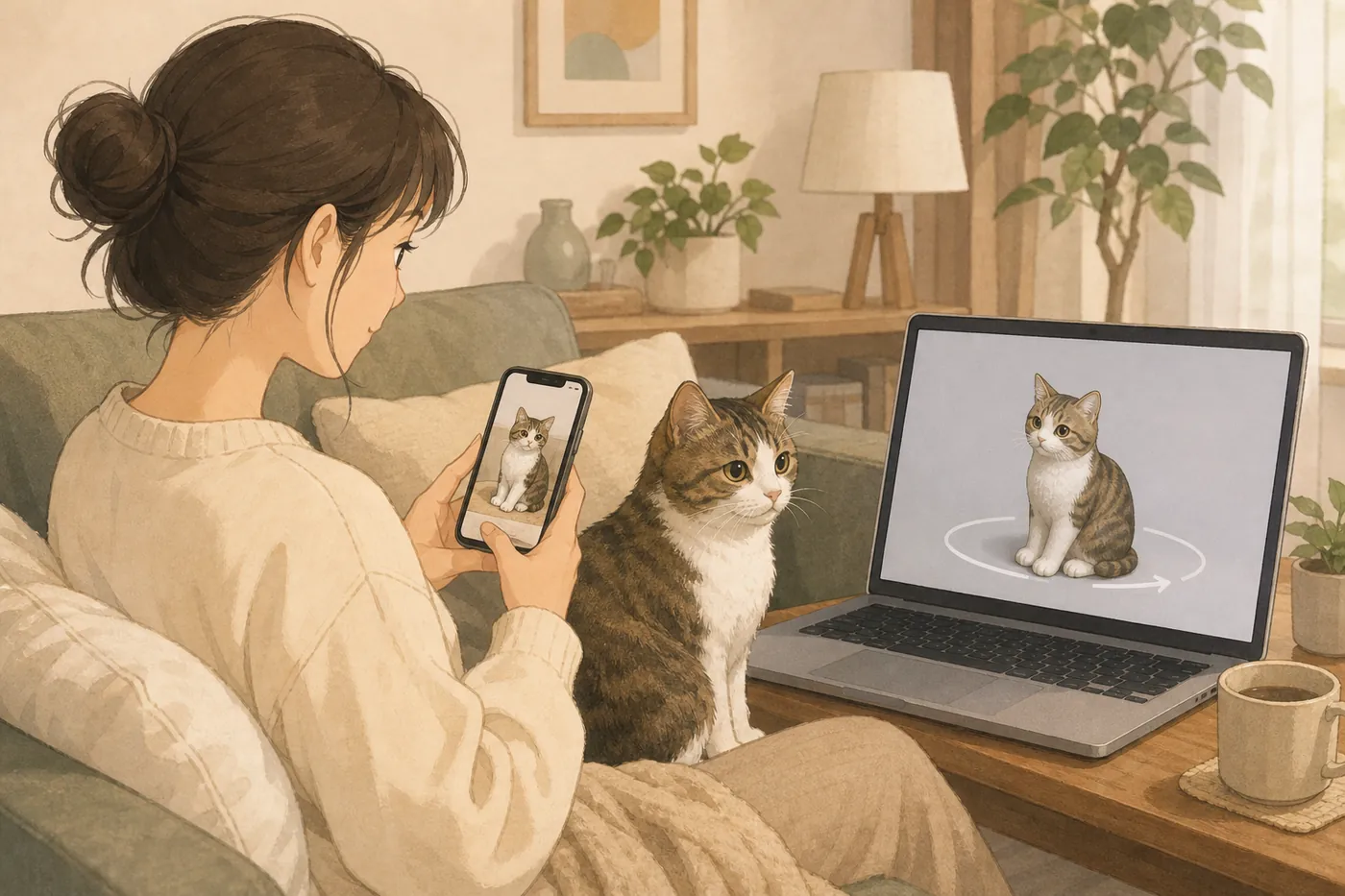ソファでスマートフォンから猫の写真をアップロードし、ノートパソコンで猫のフィギュアの3Dプレビューを見ている様子のイメージ