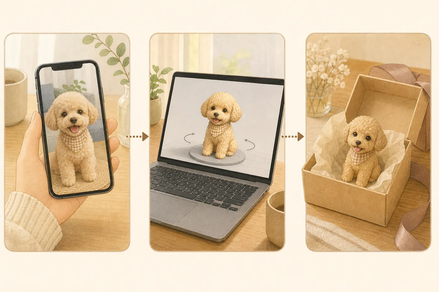 スマートフォンの犬の写真、パソコンの3Dプレビュー、箱に入って届いたフィギュアの3コマ