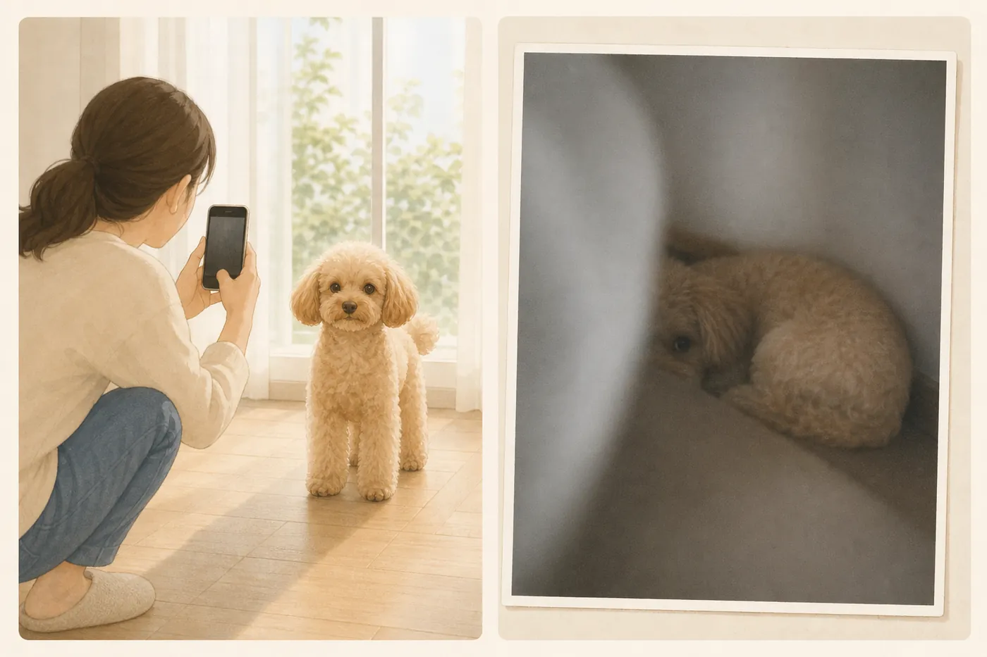 左は窓際の明るい場所で、犬の目の高さにしゃがんで正面から全身を撮る飼い主、右は暗い部屋の隅で体の一部しか写っていないぼやけた写真