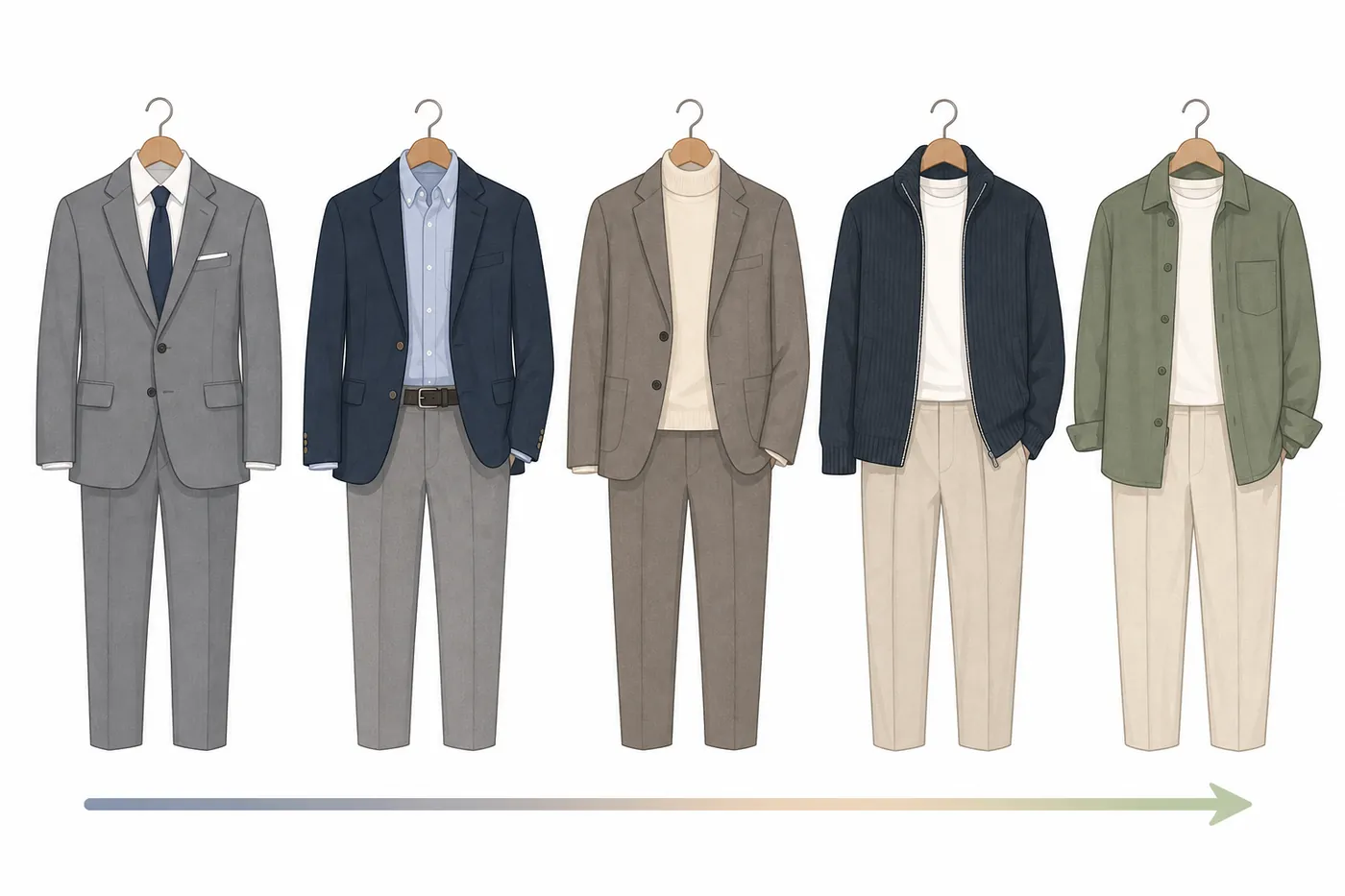 ハンガーに掛けた5つの服装が左から右へ並び、左はネクタイを締めたグレーのセットアップ、右はシャツアウターとTシャツのイラスト