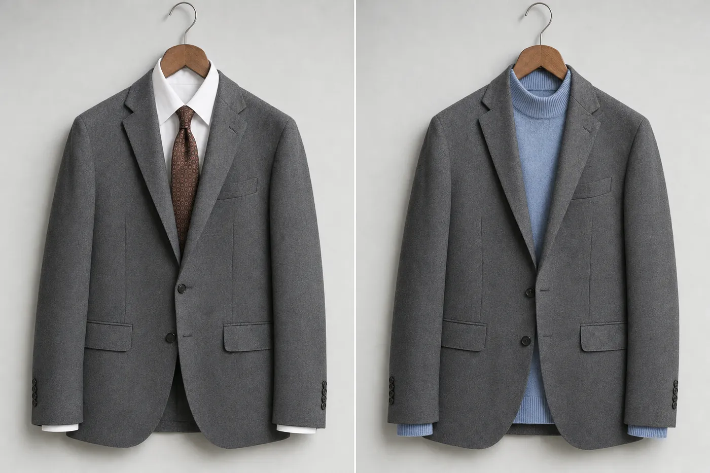 左はグレーのジャケットに白いシャツと茶色の柄のネクタイ、右は同じジャケットに水色のモックネックニットを合わせた写真風のイメージ