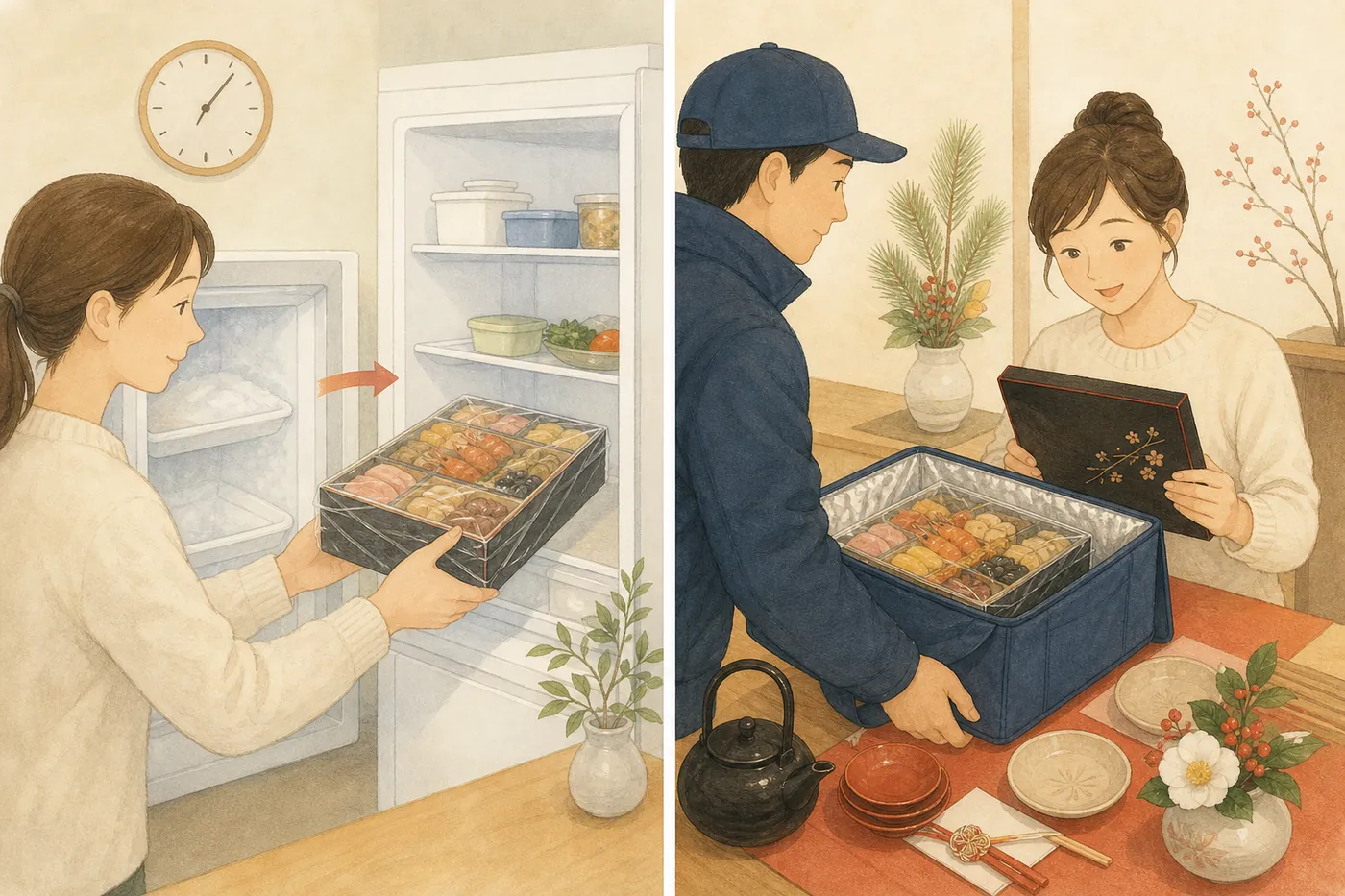 左は冷凍庫から冷蔵庫へおせちを移して解凍する人、右は大晦日に保冷バッグで届いた冷蔵おせちを開ける人