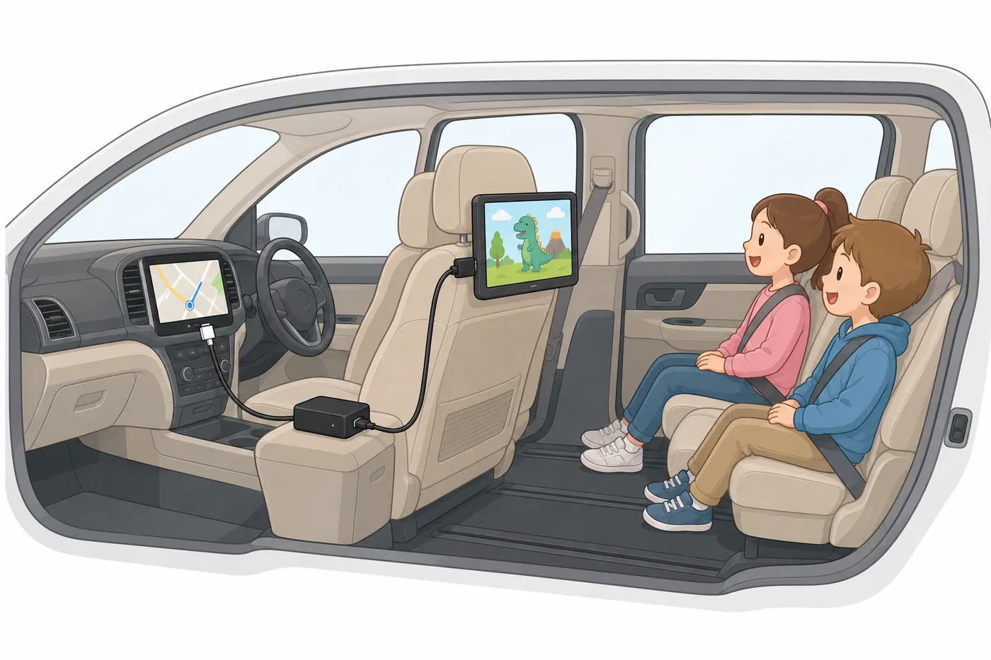 ミニバンの車内の断面図。小さな黒い機器から、前の純正ナビには地図、前席のヘッドレストに付けたモニターには動画が映り、後席の子ども2人が見ているイラスト