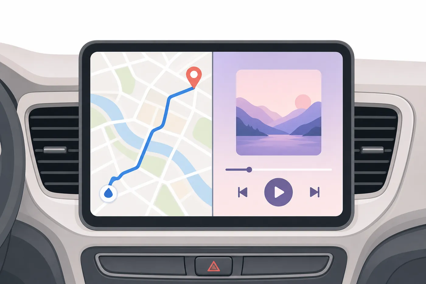 車のナビ画面が左右に分かれ、左に地図、右に音楽プレーヤーが表示されているイラスト