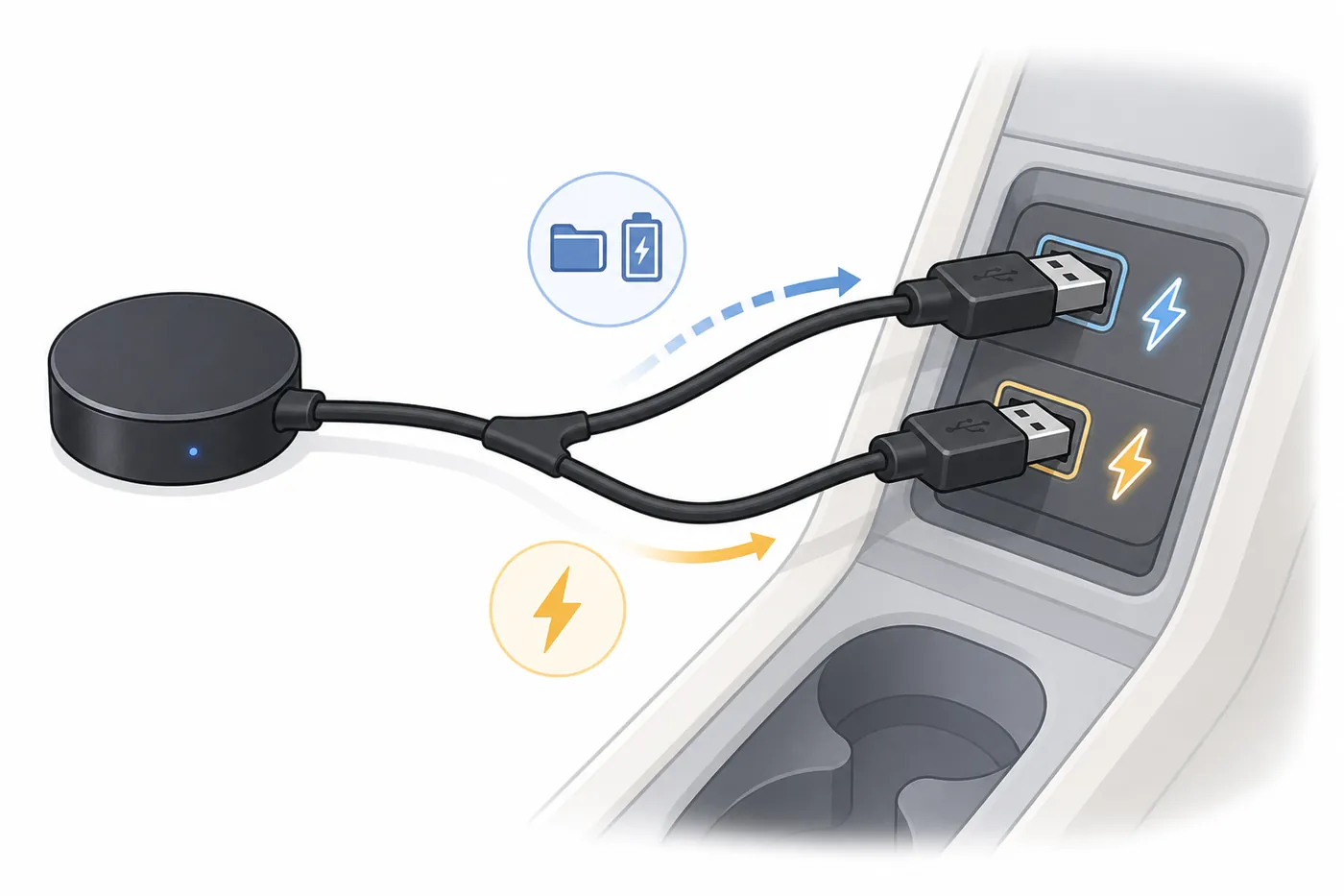 丸い小型の機器から出た Y 字のケーブルが、センターコンソールの2つの USB に挿さり、片方はデータと電源、もう片方は電源を送っているイラスト