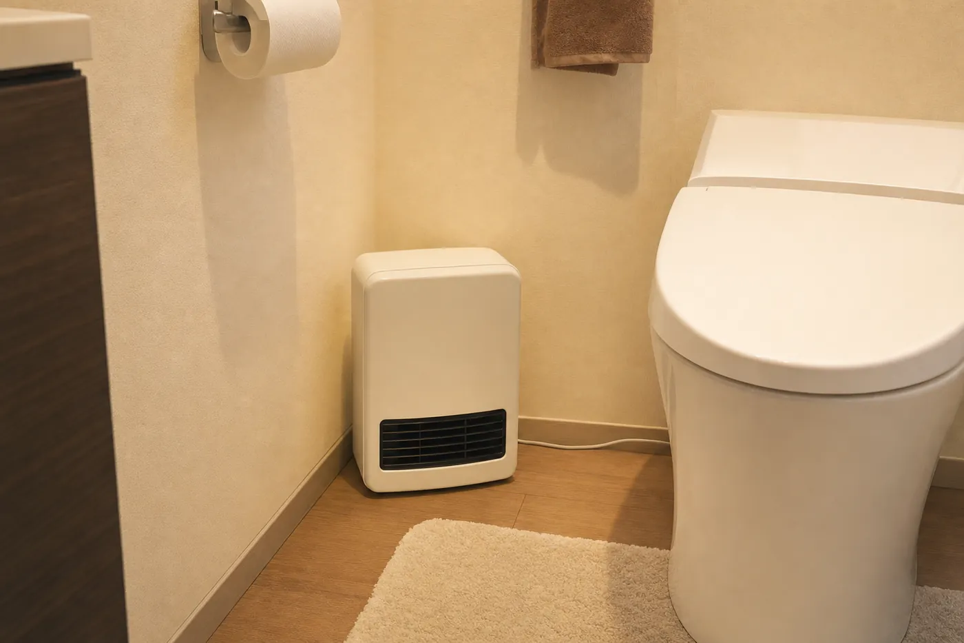 冬のトイレの片隅の床に、白い箱型のセラミックファンヒーターを置いた写真風のイメージ