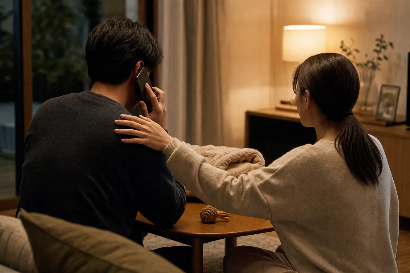 夜の居間で、電話をかける人の肩に、もう一人がそっと手を置いている写真風のイメージ