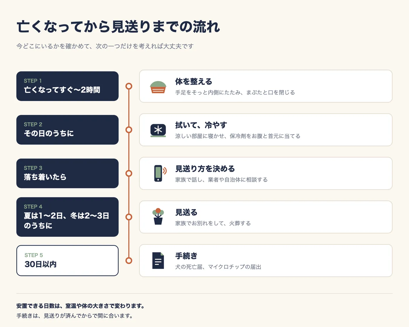 亡くなってから見送りまでの流れの図。STEP 1 亡くなってすぐ〜2時間：体を整える（手足をそっと内側にたたみ、まぶたと口を閉じる）。STEP 2 その日のうちに：拭いて、冷やす（涼しい部屋に寝かせ、保冷剤をお腹と首元に当てる）。STEP 3 落ち着いたら：見送り方を決める（家族で話し、業者や自治体に相談する）。STEP 4 夏は1〜2日、冬は2〜3日のうちに：見送る（家族でお別れをして、火葬する）。STEP 5 30日以内：手続き（犬の死亡届、マイクロチップの届出）。