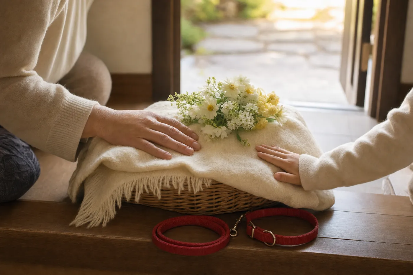 玄関の上がり框で、花を添えて毛布をかけたかごに、大人と子どもが手を添えている写真風のイメージ
