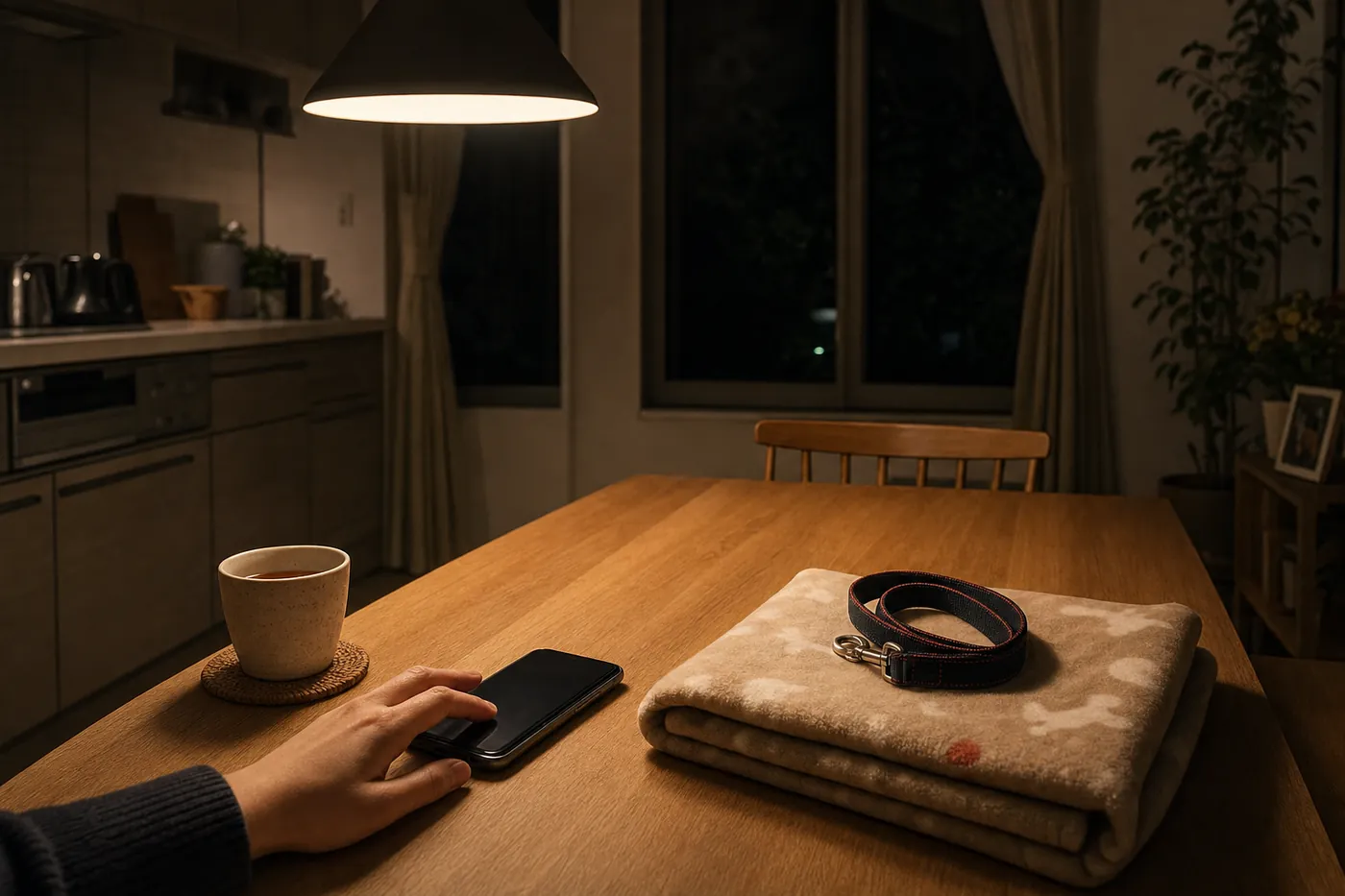 夜のダイニングテーブルで、温かいお茶とたたんだペットの毛布とリードのそばで、スマートフォンに手を伸ばす写真風のイメージ