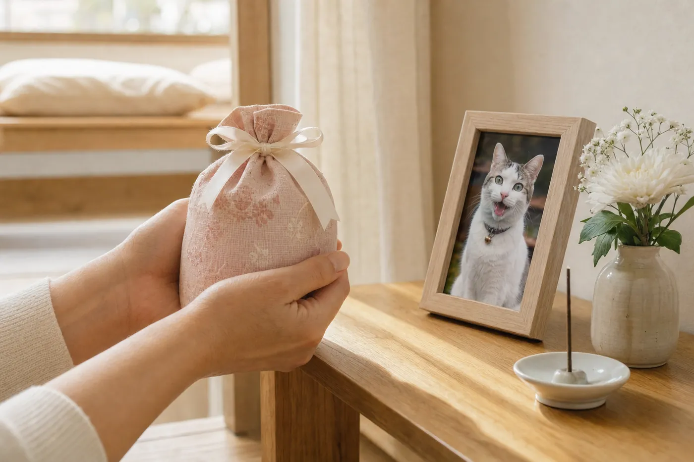 桃色の布のカバーをかけた小さな骨壺を両手で包むように持ち、棚に猫の写真と花を飾った写真風のイメージ