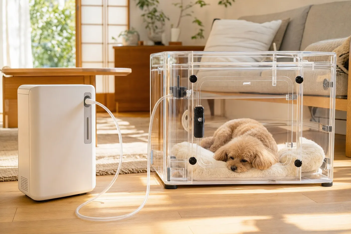 明るいリビングで、透明なケージの中で休む小型犬と、チューブでつながった白い酸素濃縮器のイメージ(AI生成)