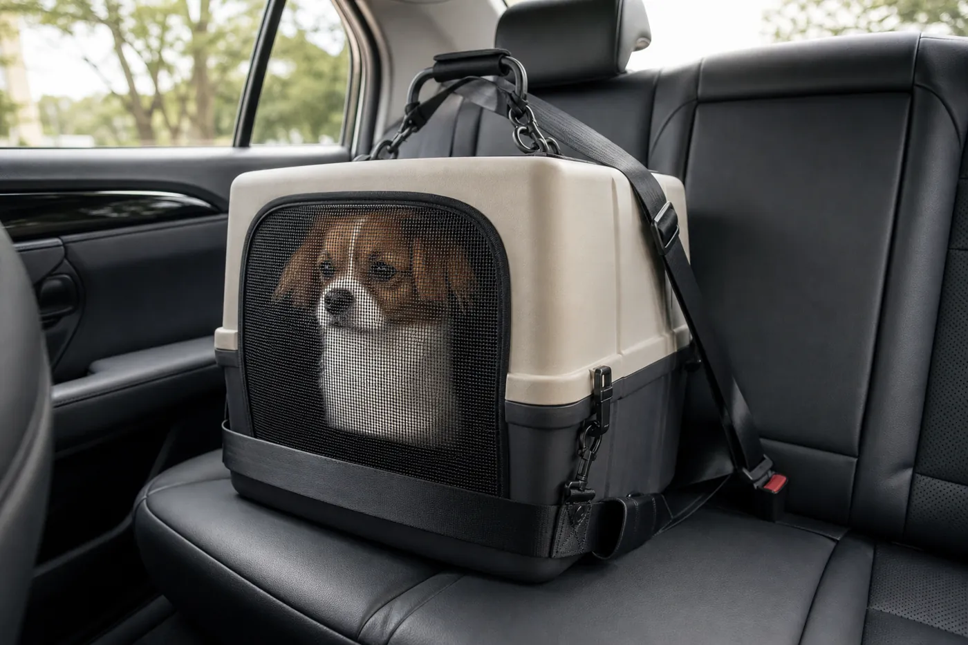 車の後部座席に固定したペットキャリーの中で、小型犬が落ち着いて座っている様子