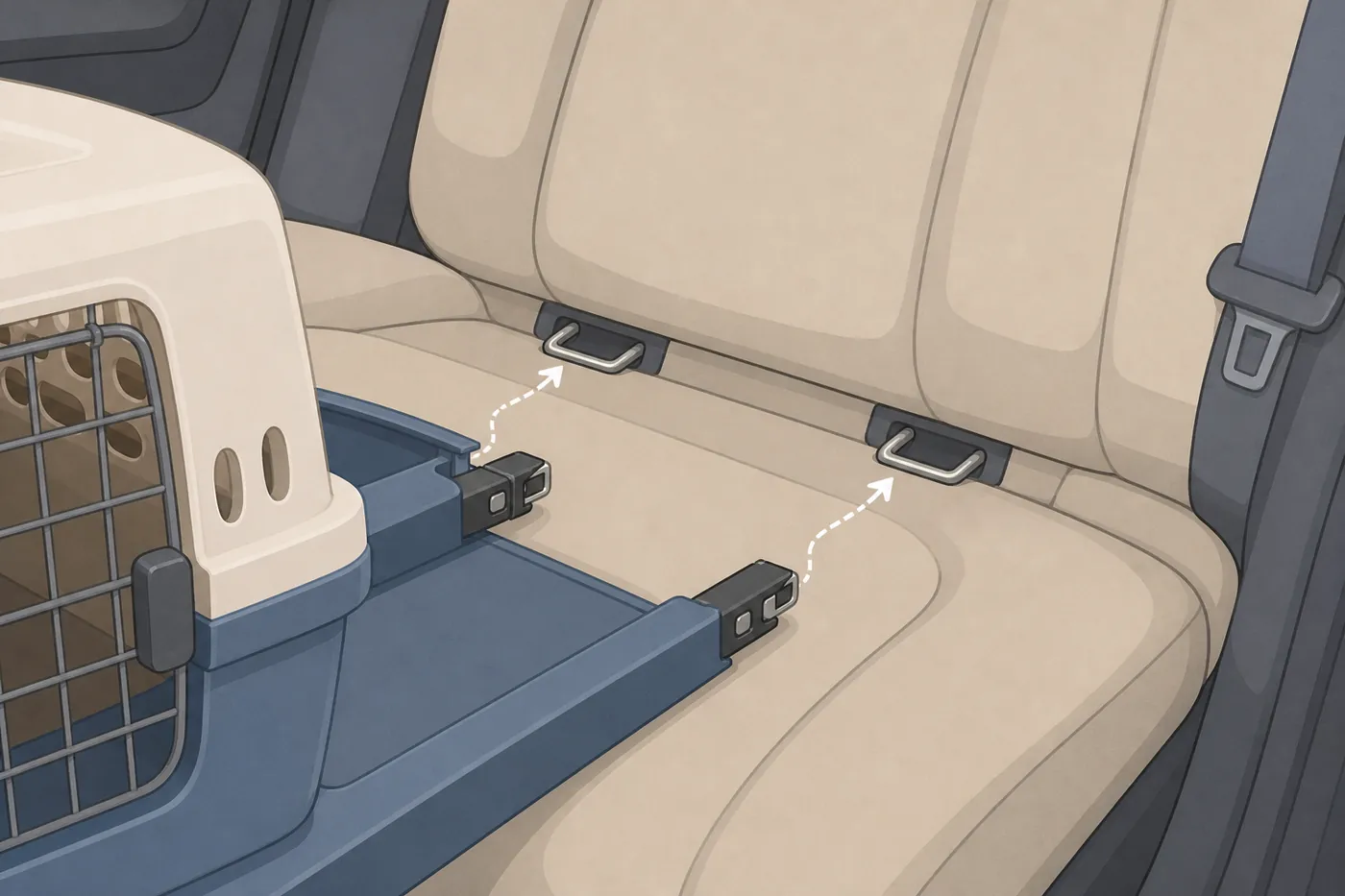 車の後部座席の座面と背もたれの間にある2つの金具に、キャリーの台座のコネクターを差し込もうとしているイラスト