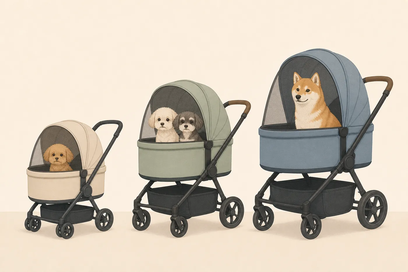 大きさと深さの違う3つのドーム型コットに、小型犬1匹、小型犬2匹、柴犬のような中型犬が乗っているイラスト