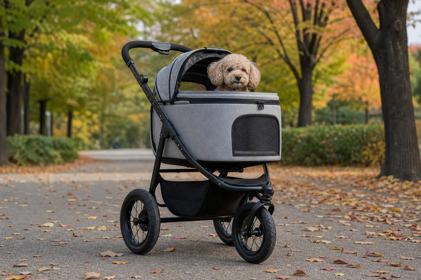紅葉の公園で、ドーム型のペットカートから小型犬が顔を出している様子
