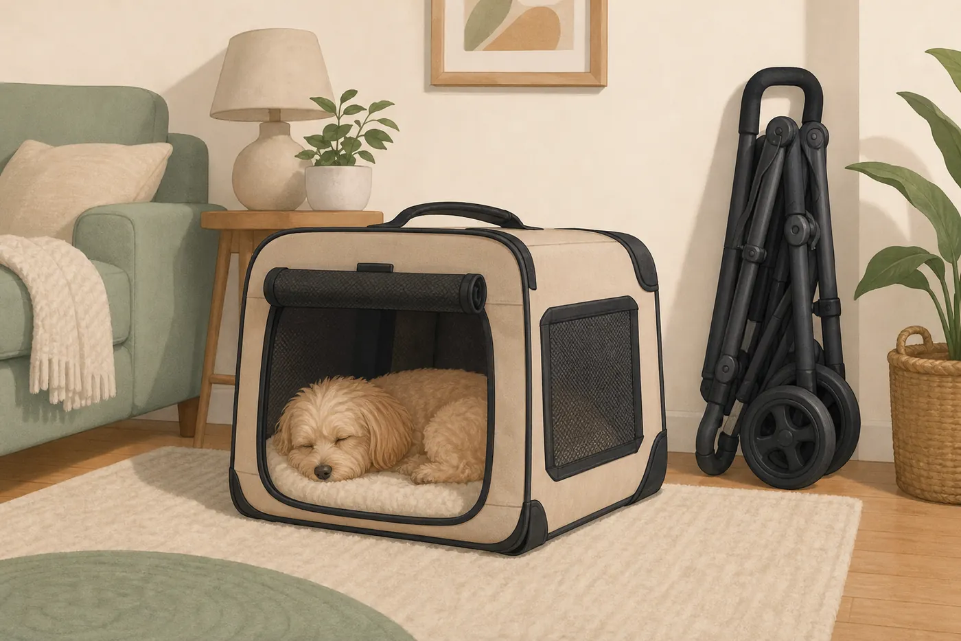 リビングで、カートから外したキャリーの中で小型犬が寝ていて、たたんだフレームが壁に立てかけてあるイラスト