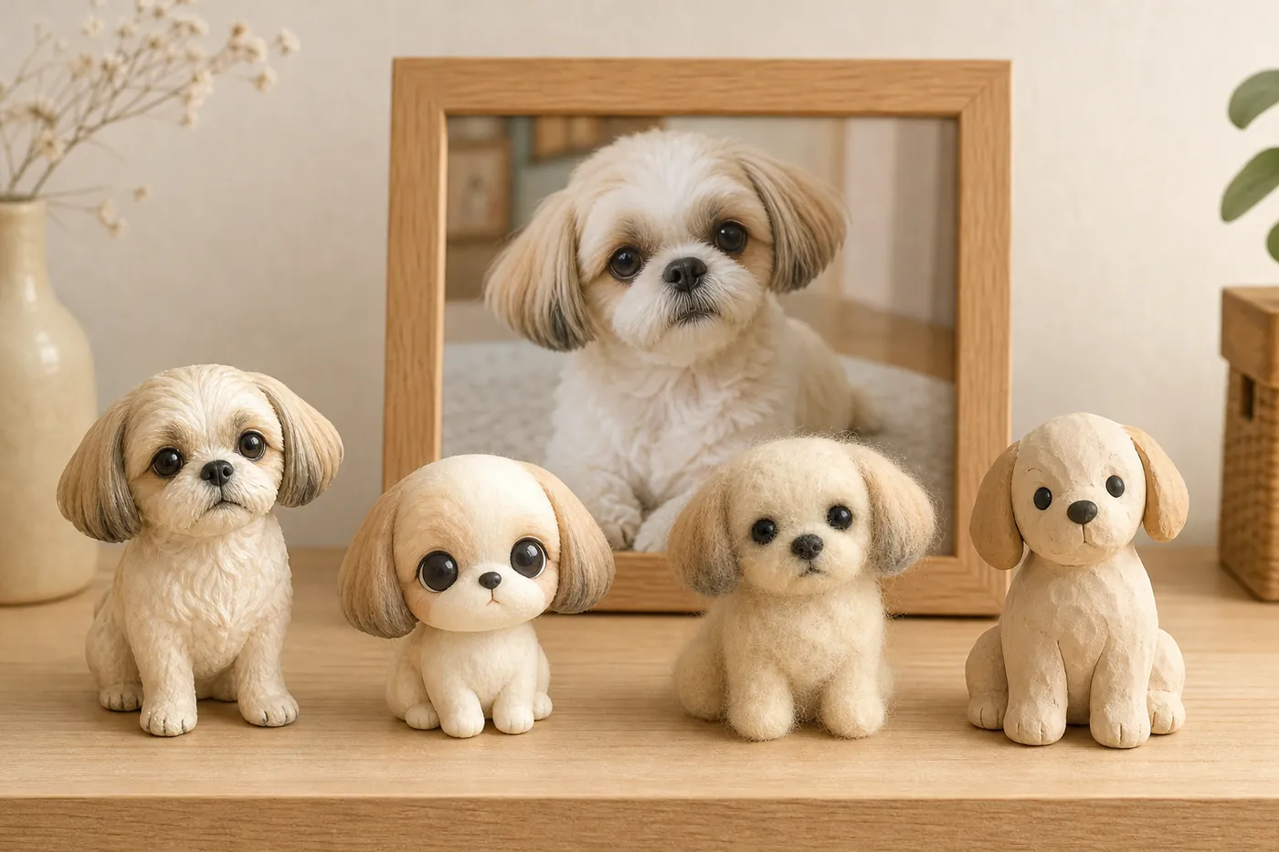 棚に並んだ同じ犬の小さなフィギュアと、その犬の写真のイメージ