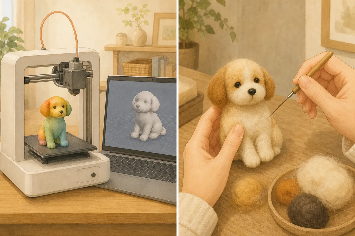左は3Dプリンターで小さな犬のフィギュアを作る様子、右は手で羊毛フェルトの犬の人形を作る様子