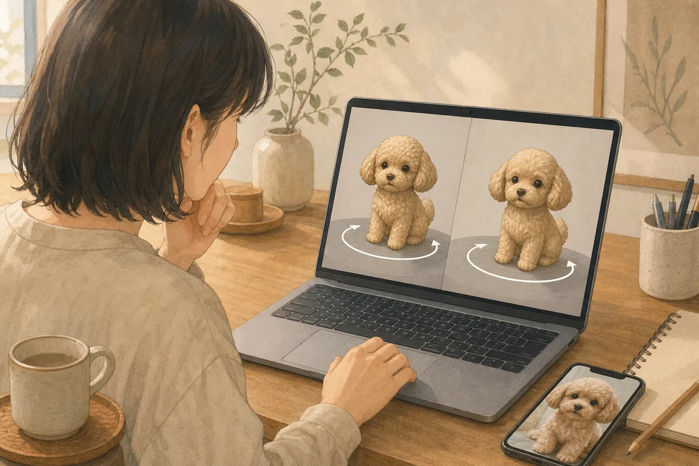 ノートパソコンで、犬のフィギュアの3Dプレビュー2種類を見比べている様子