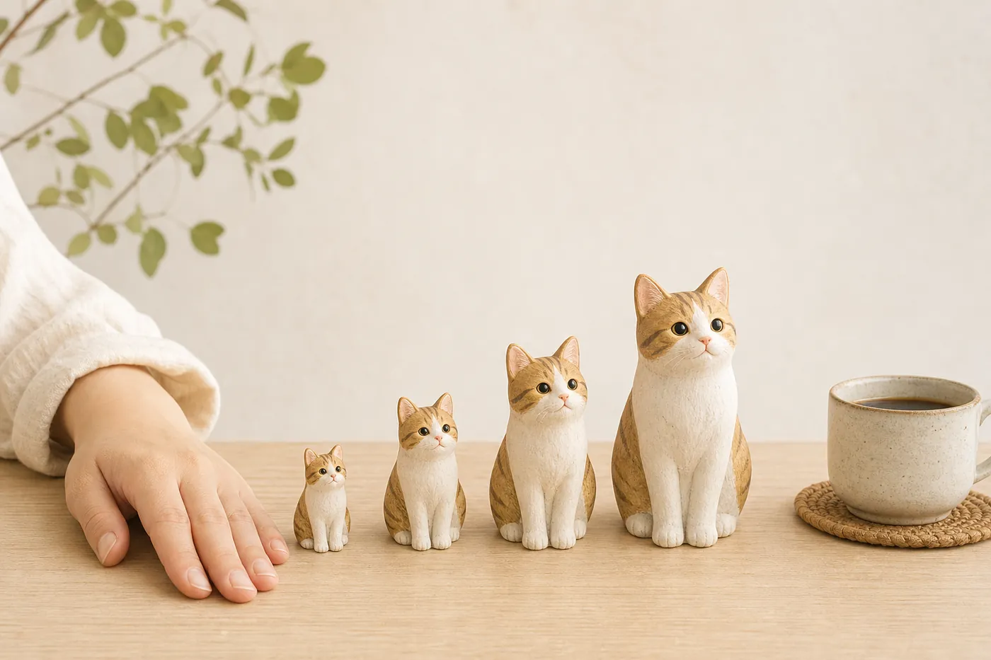 大きさの違う同じ猫のフィギュアが4体並び、横に手が置かれている様子