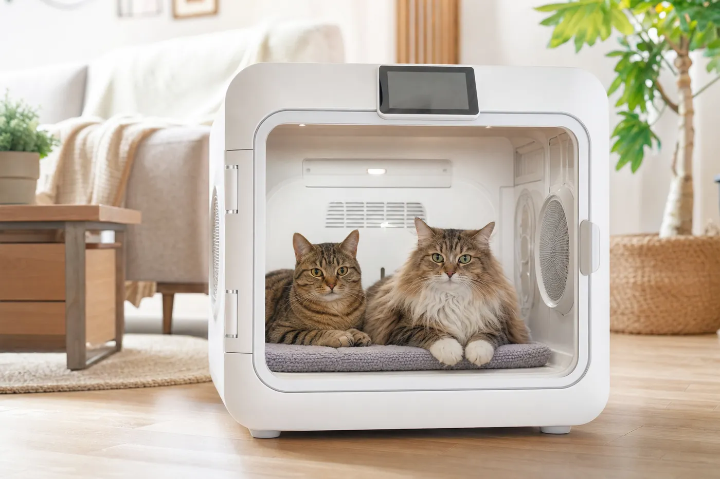 リビングに置いた横幅の広いペットドライヤーハウスの中で、猫2匹が並んでくつろいでいるイメージ(AI生成)