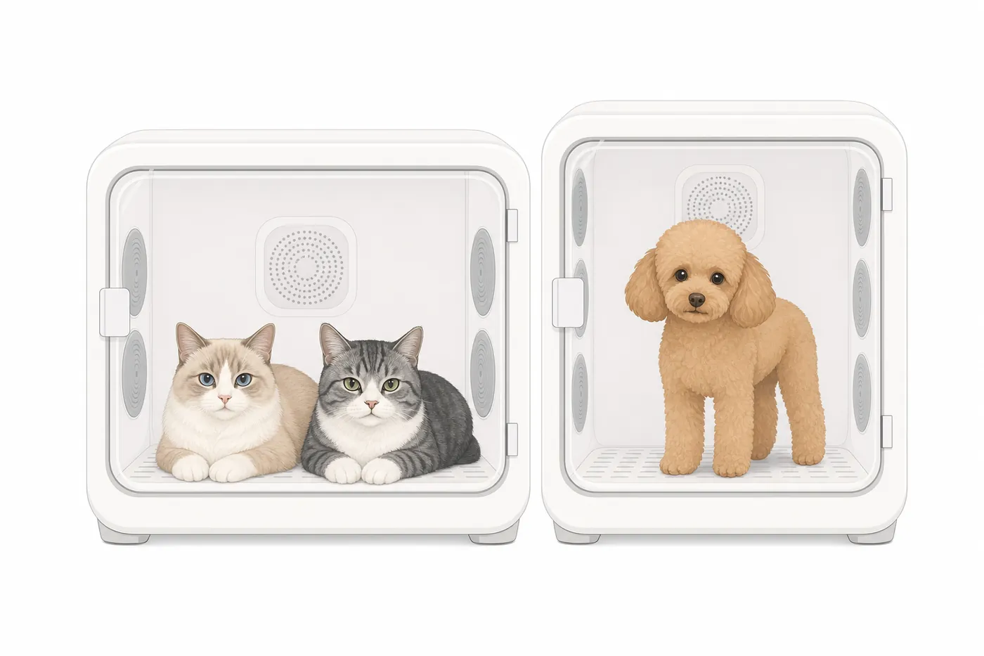 ほぼ同じ大きさの2つのドライヤーハウスのイラスト。左は少し横に広く猫2匹が並んで座り、右は少し背が高く足の長いトイ・プードルが立っている。
