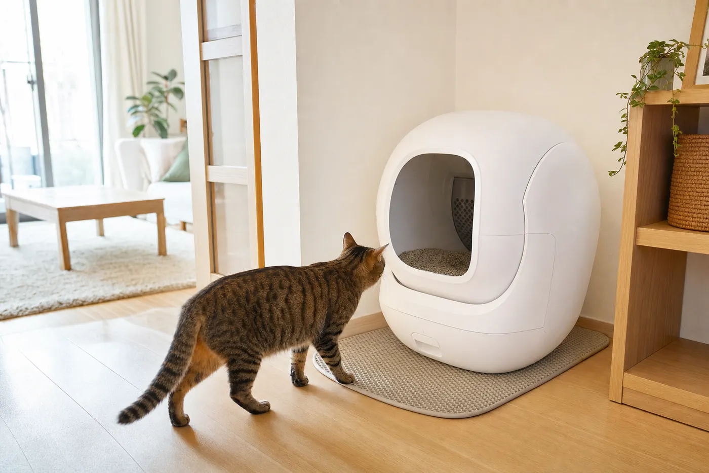 部屋の隅に置いた白い丸型の自動猫トイレに、キジトラの猫が近づいているイメージ（AI生成）