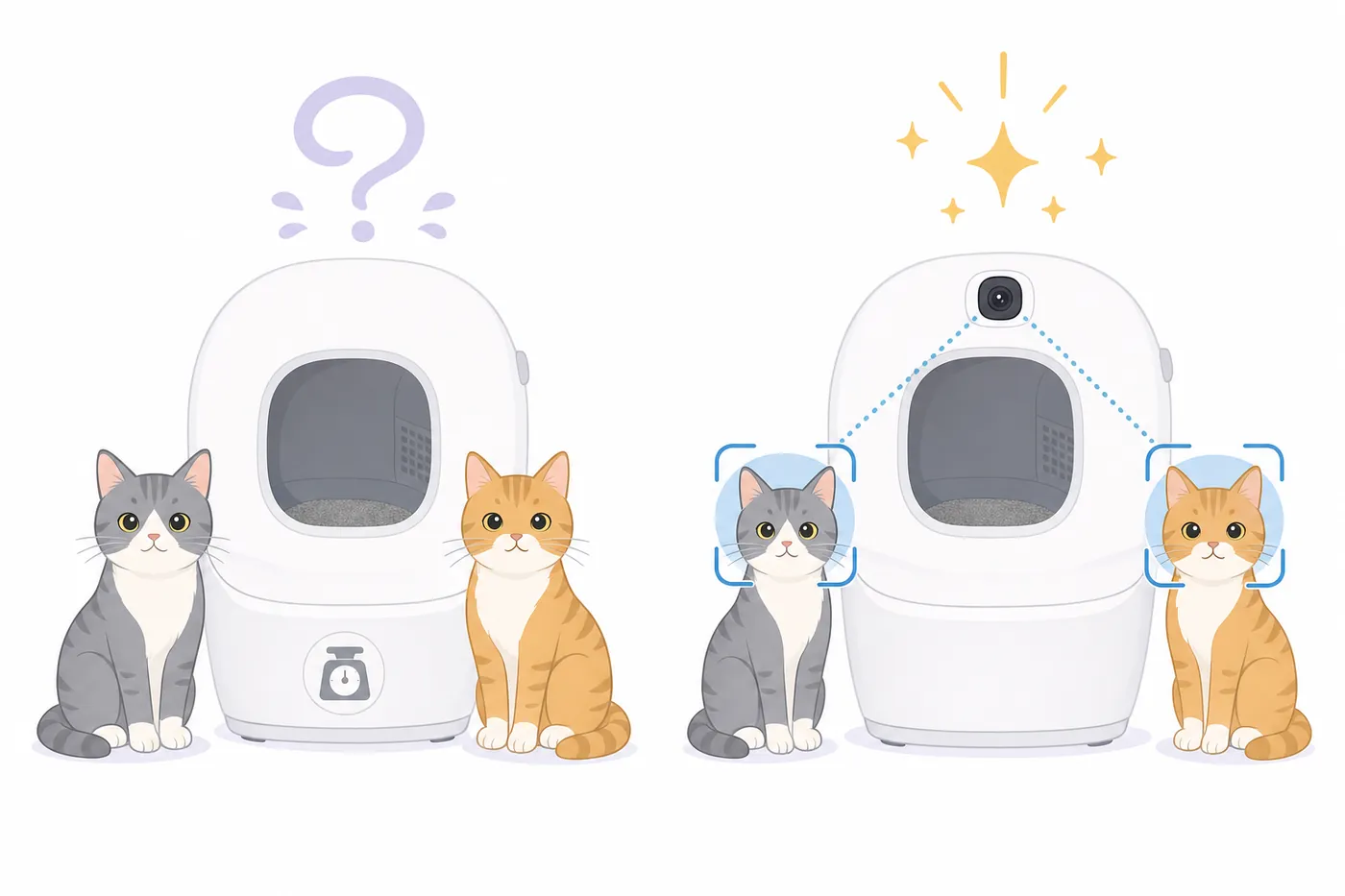 自動トイレが2匹の猫を見分ける方法のイラスト。左は体重計のマークが付いたトイレで、体重の近い2匹を見分けられず困っている。右は本体の上にカメラが付いたトイレで、2匹の顔を枠で捉えて見分けている。