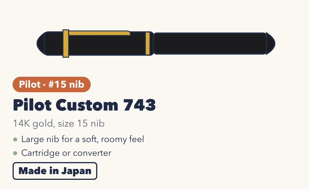 Drawing of the Pilot Custom 743, a black fountain pen with gold trim and rounded ends. 14K gold, size 15 nib; large nib for a soft, roomy feel; cartridge or converter. Made in Japan.
