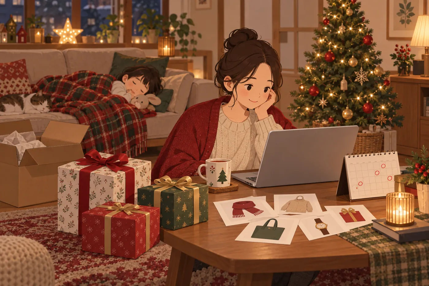 クリスマスツリーのあるリビングで、子どもが眠っている間に親がノートパソコンとカレンダーを見ながらプレゼントを選んでいるイメージ(AI生成)