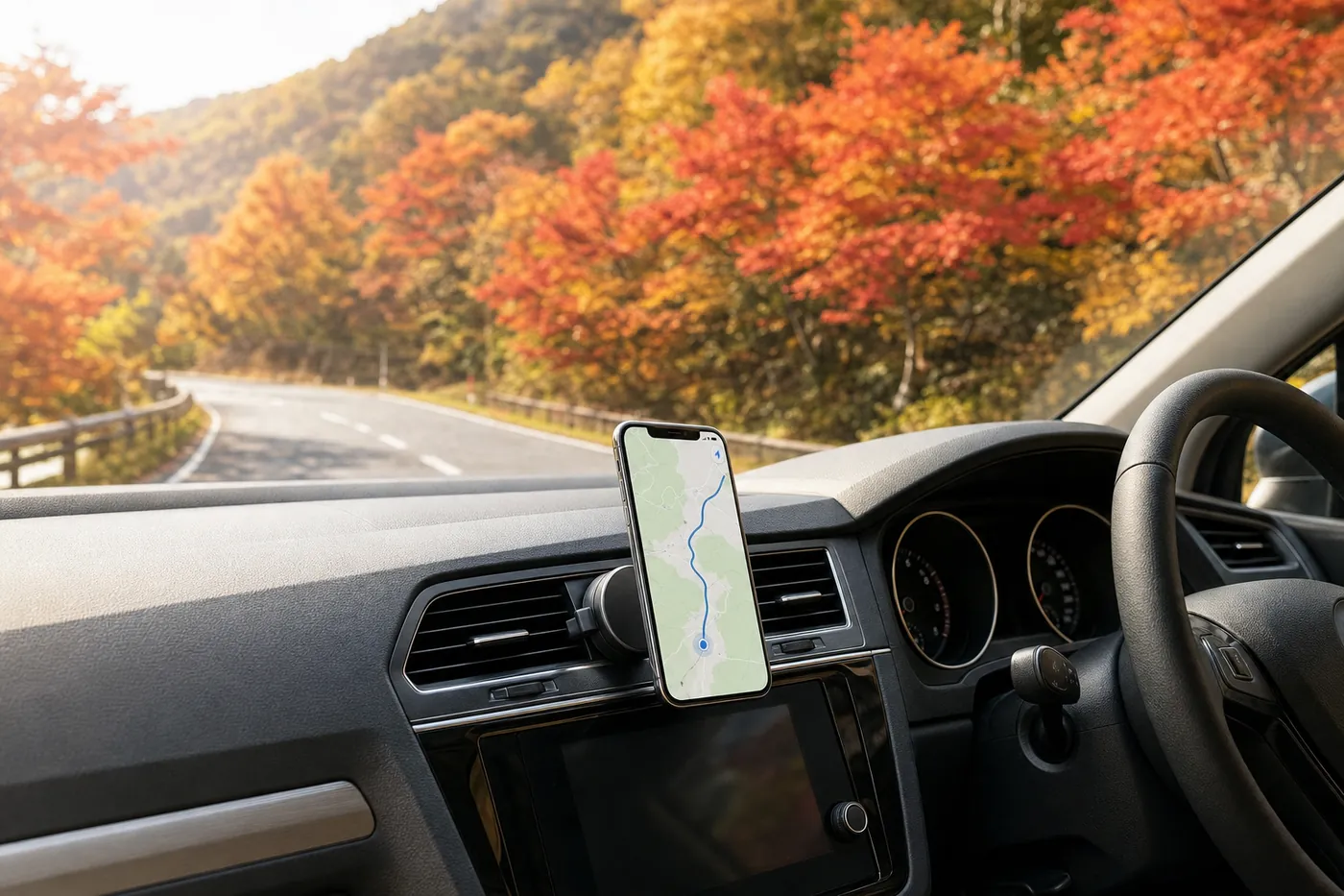 紅葉の山道を走る車内で、エアコン吹き出し口のホルダーにスマホを付けたイメージ(AI生成)