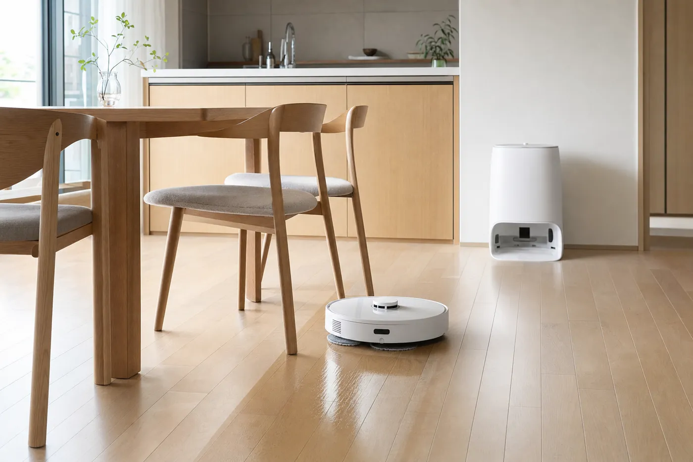 明るいダイニングキッチンの木の床を水拭きする白いロボット掃除機と、壁際の白い全自動ドックのイメージ(AI生成)