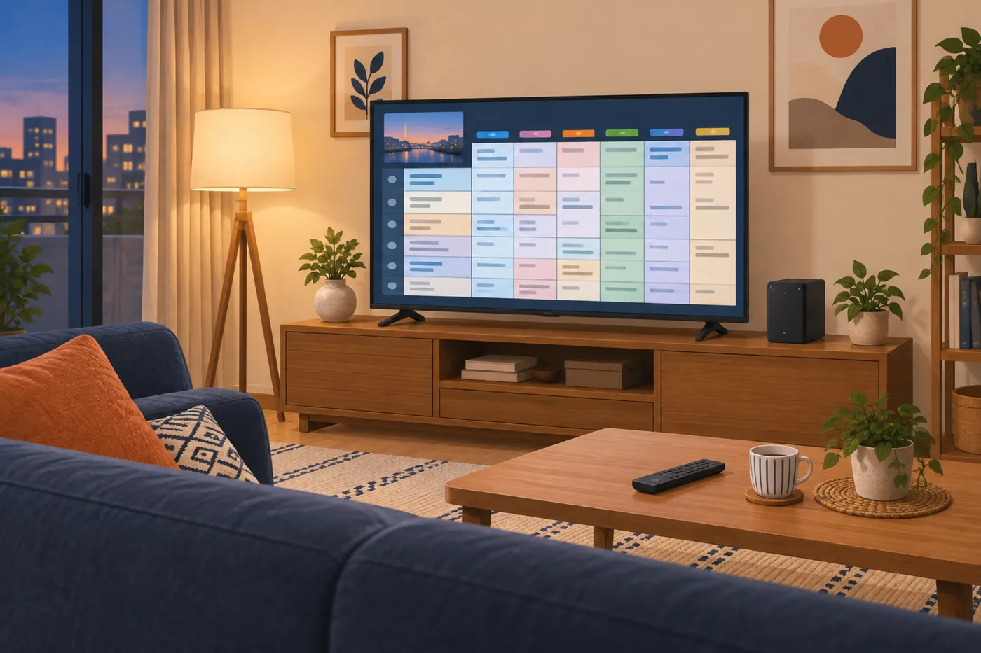 夜のリビングで、木のテレビ台に置かれた大型テレビに番組表が映り、横に小さな外付けハードディスクがあるイメージイラスト