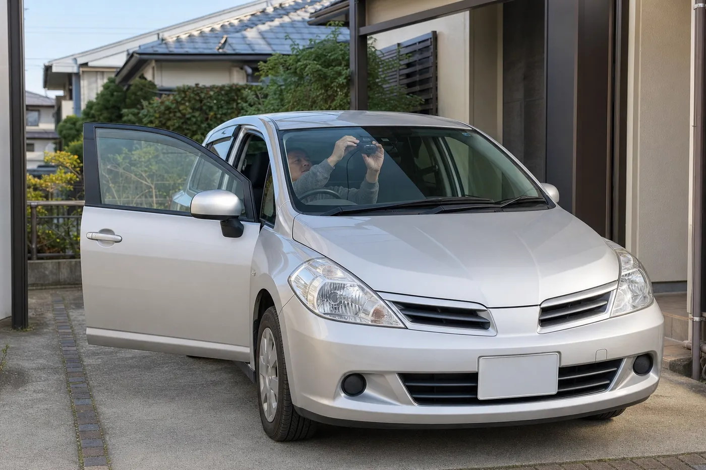 住宅の駐車場に止めた年式の古いシルバーのコンパクトカーで、運転席から人がフロントガラスにドライブレコーダーを取り付けているイメージ（AI生成）