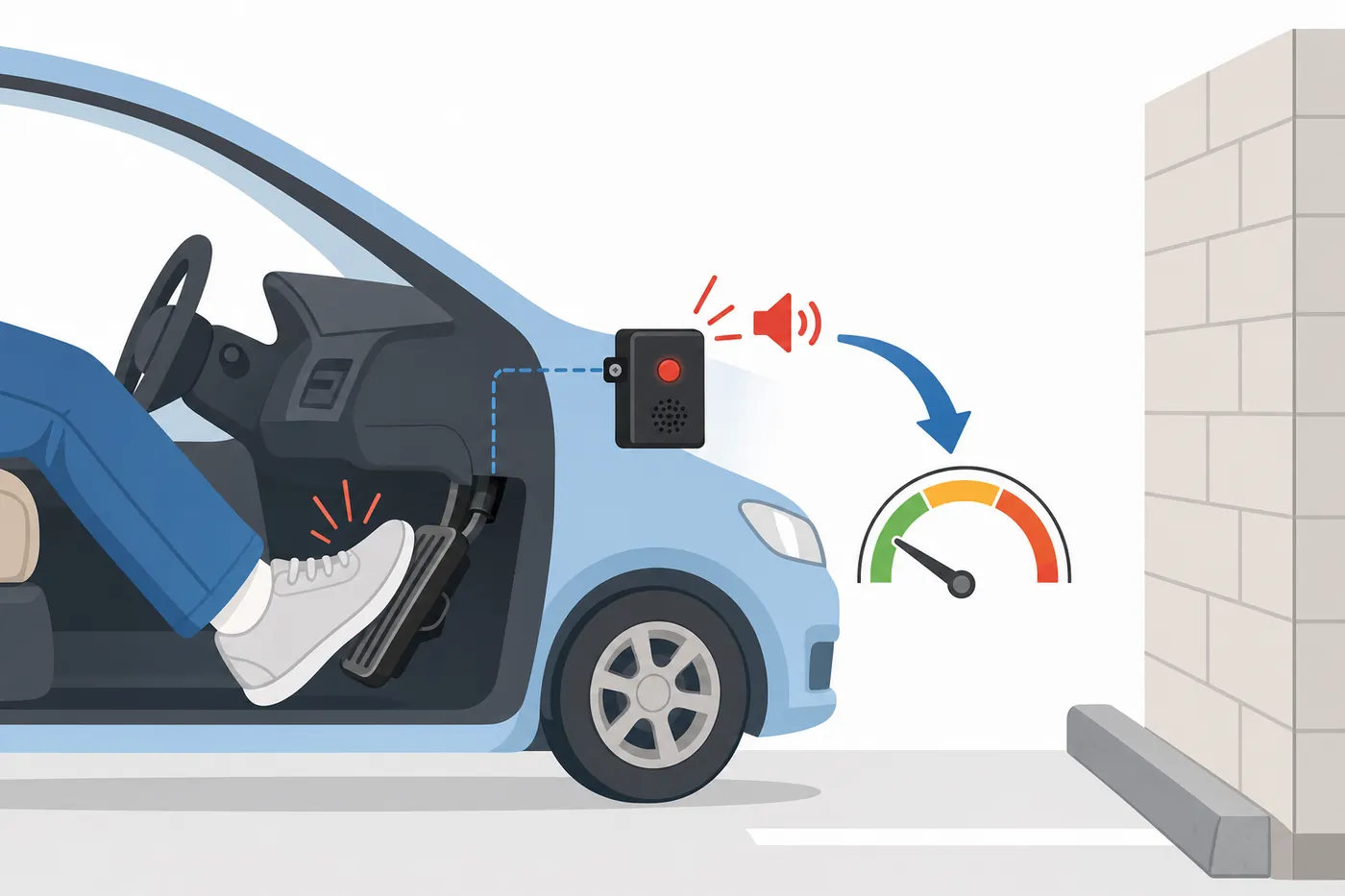 運転席の足元のイラスト。アクセルペダルが強く踏み込まれると、取り付けた装置のランプが光って音が鳴り、速度計の針が下がって前の壁の手前で加速が抑えられる