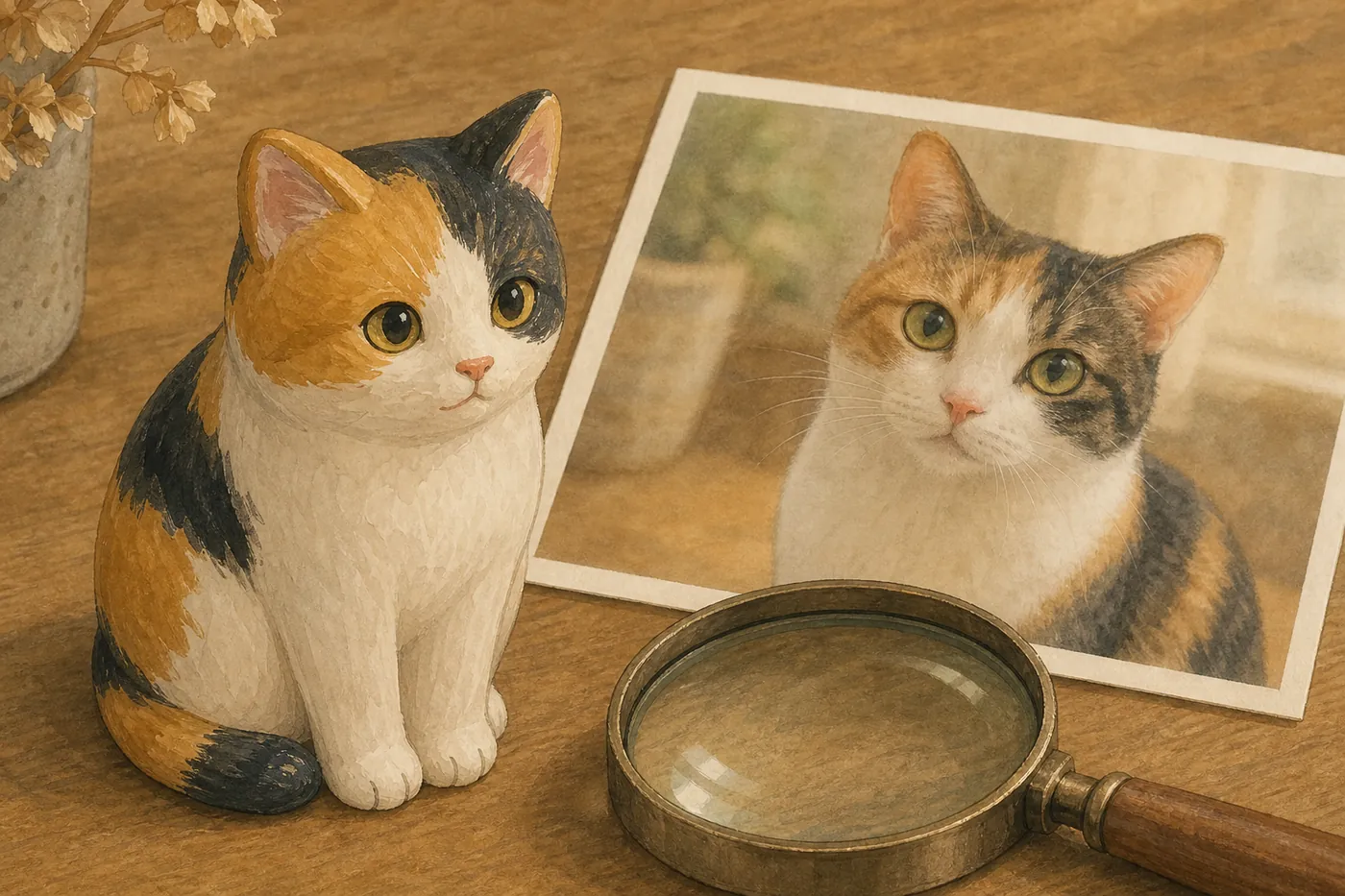 木のテーブルの上で、三毛猫の小さなフィギュアと同じ猫の写真を虫眼鏡で見比べている様子