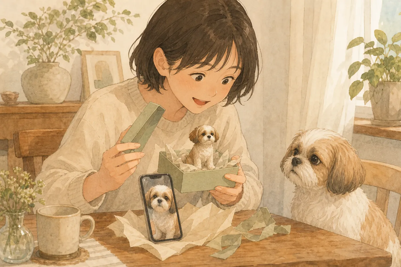 届いた箱から犬のフィギュアを取り出し、スマートフォンの写真と見比べる人と、それを見る犬のイメージ