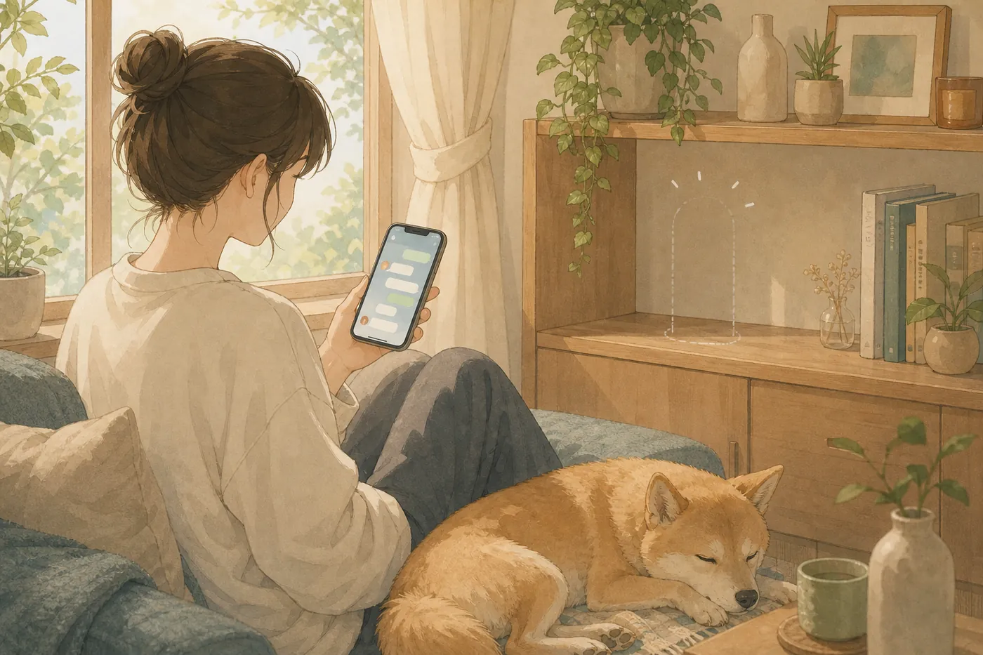 窓辺でスマートフォンのチャット画面を見ながら届くのを待つ人と、そばで眠る犬